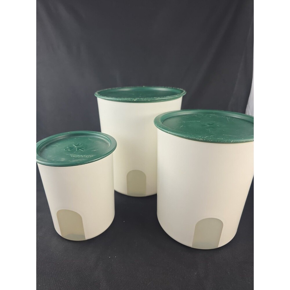 Tupperware White and Green Canister Set of 3 with Lids Cylinder Shape Nesting